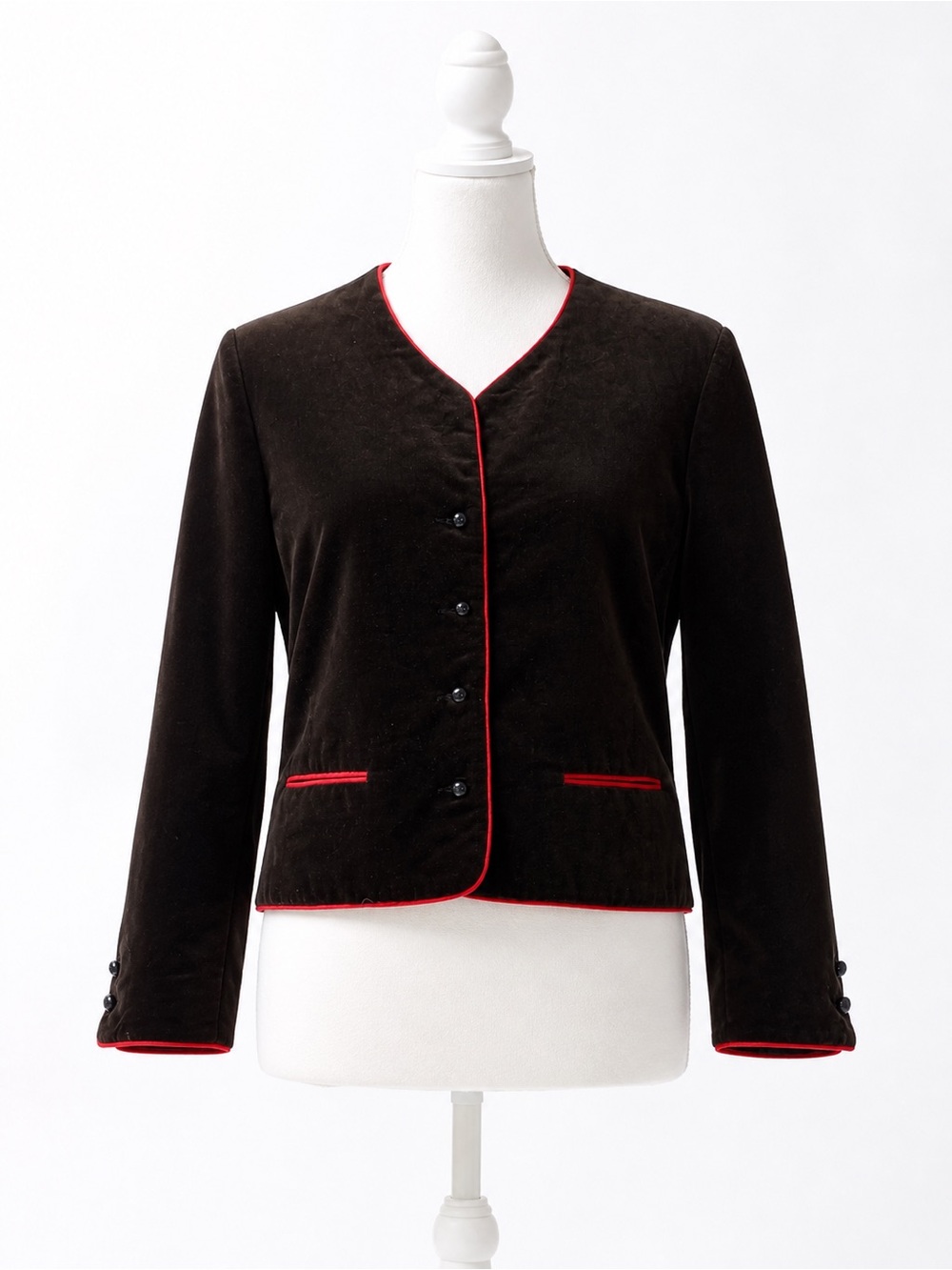 Lanz Originals Small Brown Velvet Cropped Blazer Red Piping Vintage